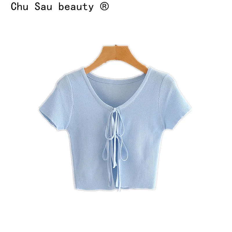 Chu sau schoonheid mode blogger stijl dunne gebreide oogst top casual chique o-hals vest zomer korte mouw mini tops vrouwelijke 210508