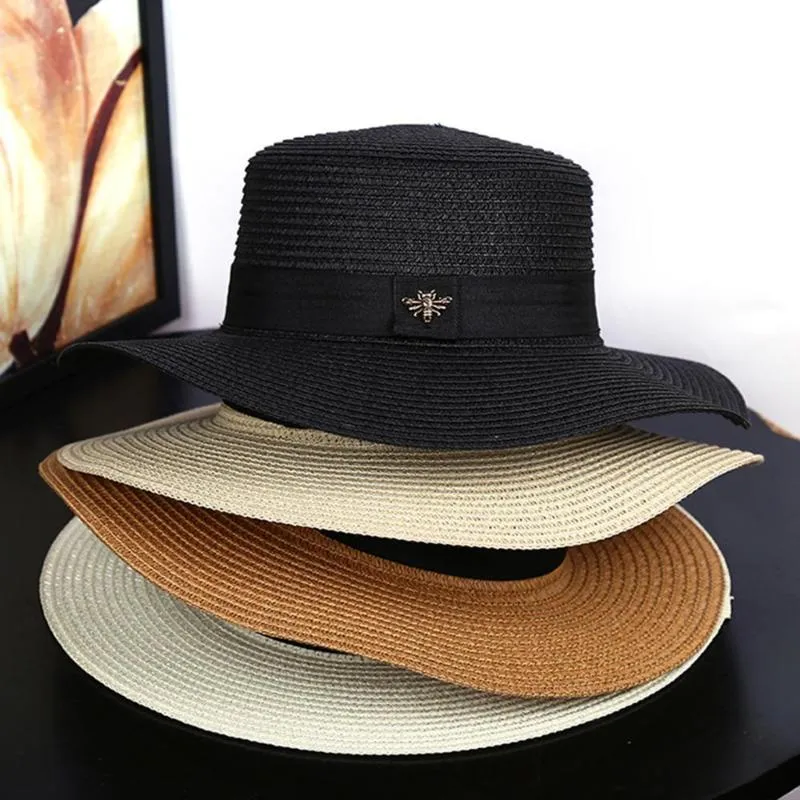 Reversible Braided Bee Beach Straw Panama Bucket Hat Straw For