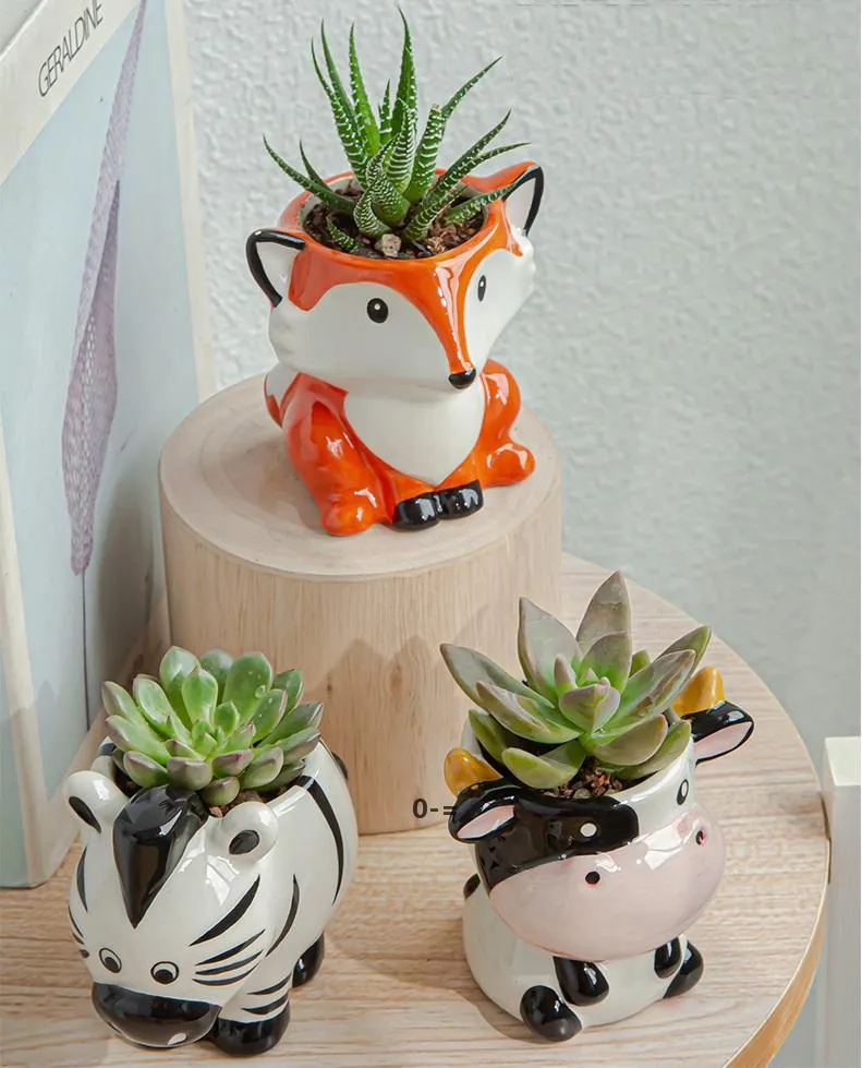 6pcs / set nouveau dessin animé animaux pot de fleur pour plantes succulentes plantes charnues pot de fleurs en céramique petit mini maison jardin bureau décoration JJE9852