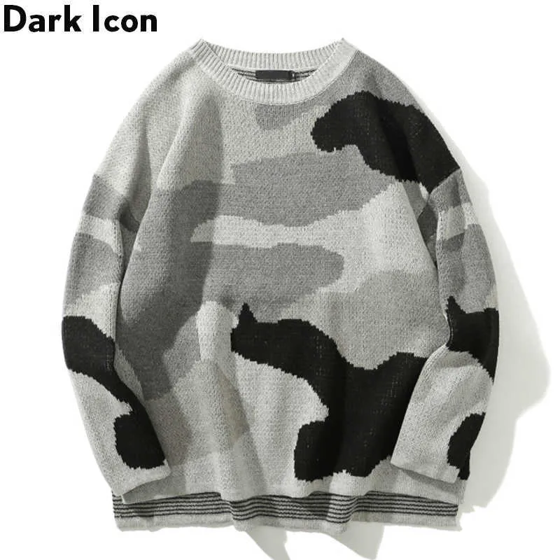 Grey Camouflage Hip Hop Sweater Men Round Neck Street Men's Sweaters Camo Sweater for Men 210603