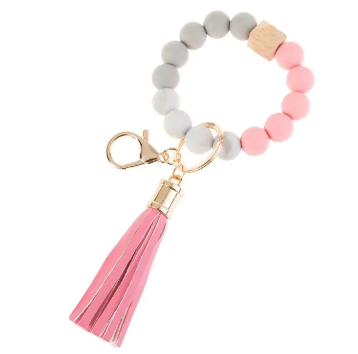 Silicone Beaded Bangle Keychain with Tassel for Women Party Favor, Wristlet Key Ring Bracelet SN3027