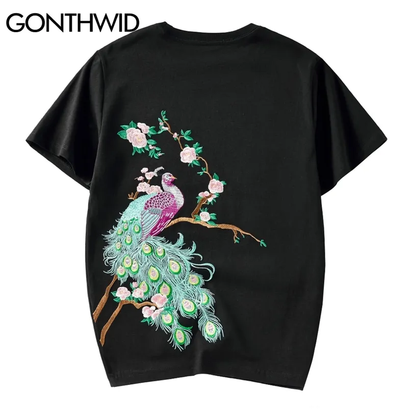 Tshirt Hip Hop Casual Streetwear Men Peacock Flowers Embroidery Short Sleeve Cotton T-Shirts Harajuku Fashion Tees Tops 210602