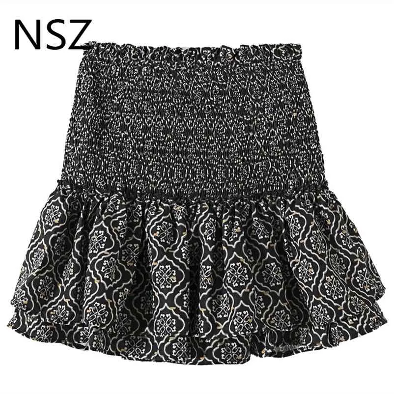 NSZ Women Print Vintage Tiered Ruffles Mini Skirt Elastisk Hög midja Söt kjol Jupe Femme Falda 210724
