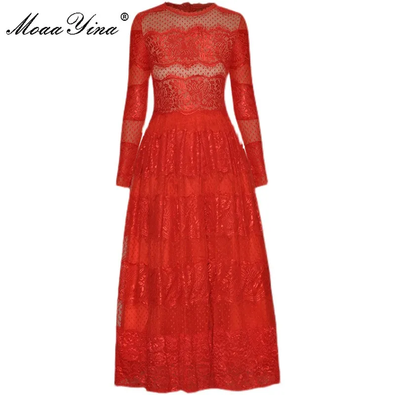 أزياء اللباس ربيع الخريف النساء اللباس طويل الأكمام الدانتيل الأحمر حزب الكرة ثوب فساتين 210524