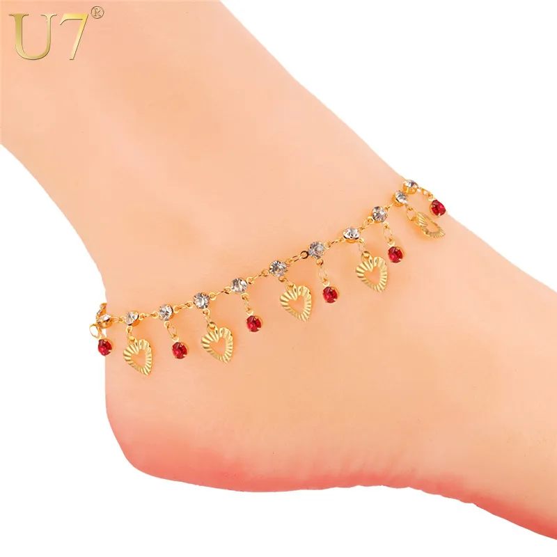 U7 trendigt hjärta anklet sommar smycken gåva röd kristall guld färg fotled fot kedja armband för kvinnor A301