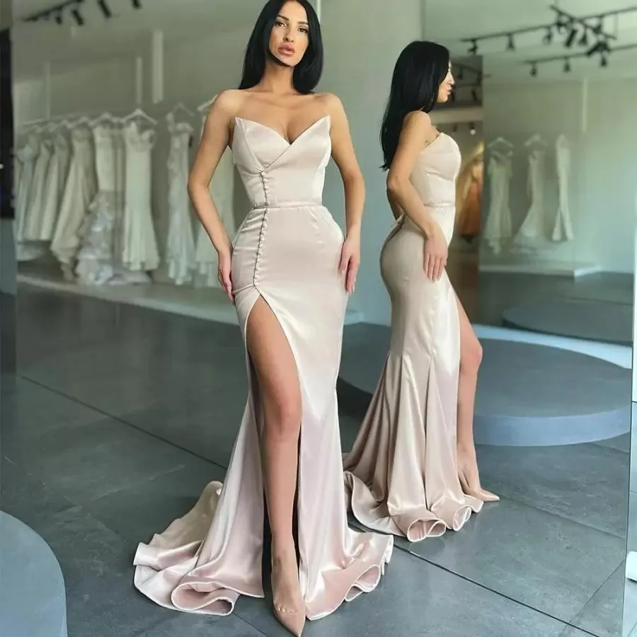 Sexy Champagne Mermaid Formal Evening Dresses Split V Neck Lace Prom Party Gowns main image 1