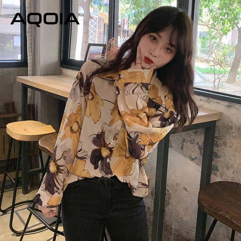 Elegante Lange Mouw Floral Printing Vrouwen Blouse Button Up Oversize Dames Shirt Turn-Down Collar Fashion Vrouwelijke Kleding 210521