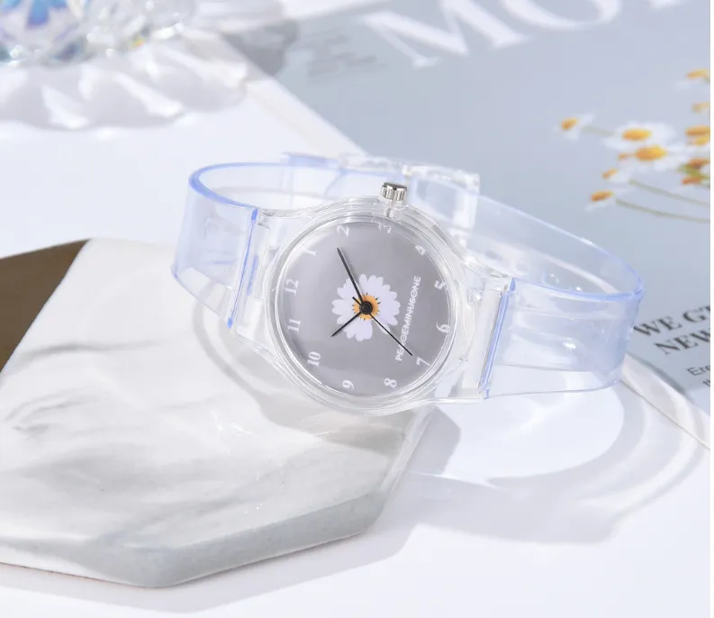 Petite montre en gelée marguerite pour étudiantes, jolie montre en Silicone avec chrysanthème de dessin animé, bande transparente, cadran gris, 223k