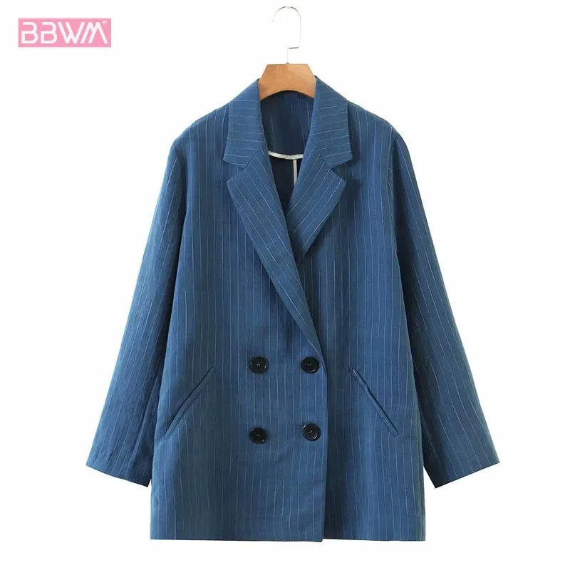 Striped Double-breasted Lapel Long-sleeved Casual Female Coat Simple and Loose Professional Chic Women's Jacket 210507