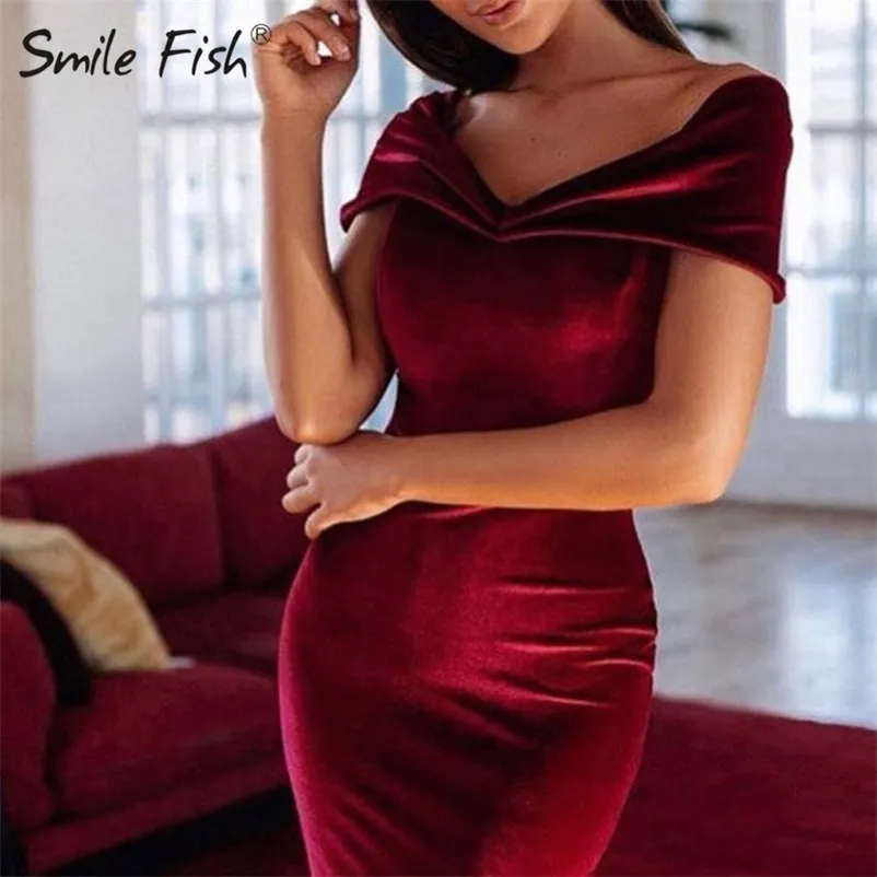 Off The Shoulder Velvet Party Dress Lady Bodycon Slash Neck Velour Elegant Midi Dress Spring Women Skinny Empire Dressess M0385 210331