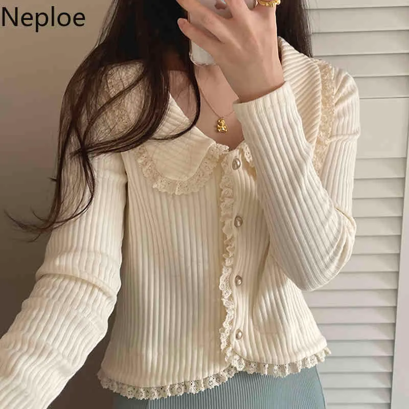 Neploe Korean Cardigan Lace Patchwork Female Tops Peter Pan Collar Single Breasted Irregular Knit Cropped Sweater Jacket Women 210422