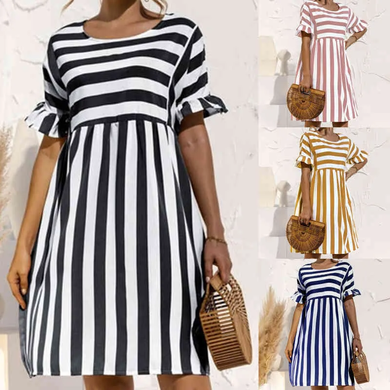 2021 Summer New Fashion O Neck Women's Dress Casual Loose Solid Short Sleeve Ruffle Patchwork Pocket Ladies Stripe Dress