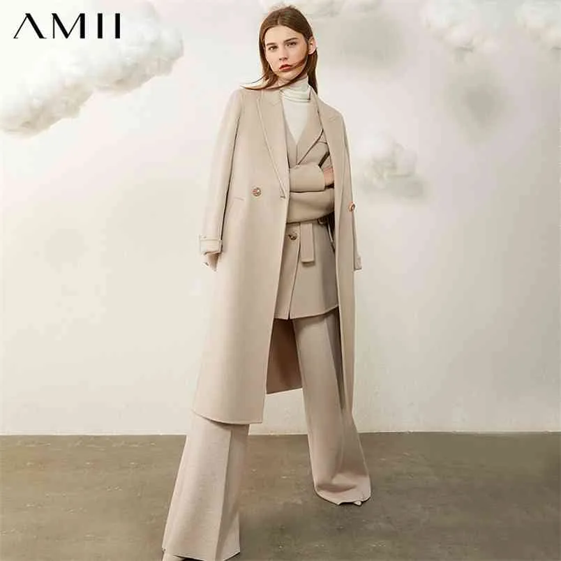 Minimalisme manteau d'hiver femmes mode solide 100% laine ceinture mi-longueur Double face laine veste femme 12040654 210527