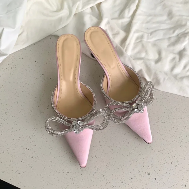 luxurious Designers Dress shoe Evening Slingback Satin Bow Pumps 6.5cm Crystal-Embellishments rhinestone shoes spool Heels sandals for women slipper