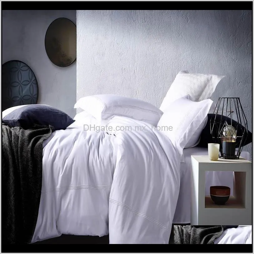 luxury 100% egypt cotton white embroidery 5 stars hotel bed set strip cover sheet cotton duvet long-staple bedding satin line