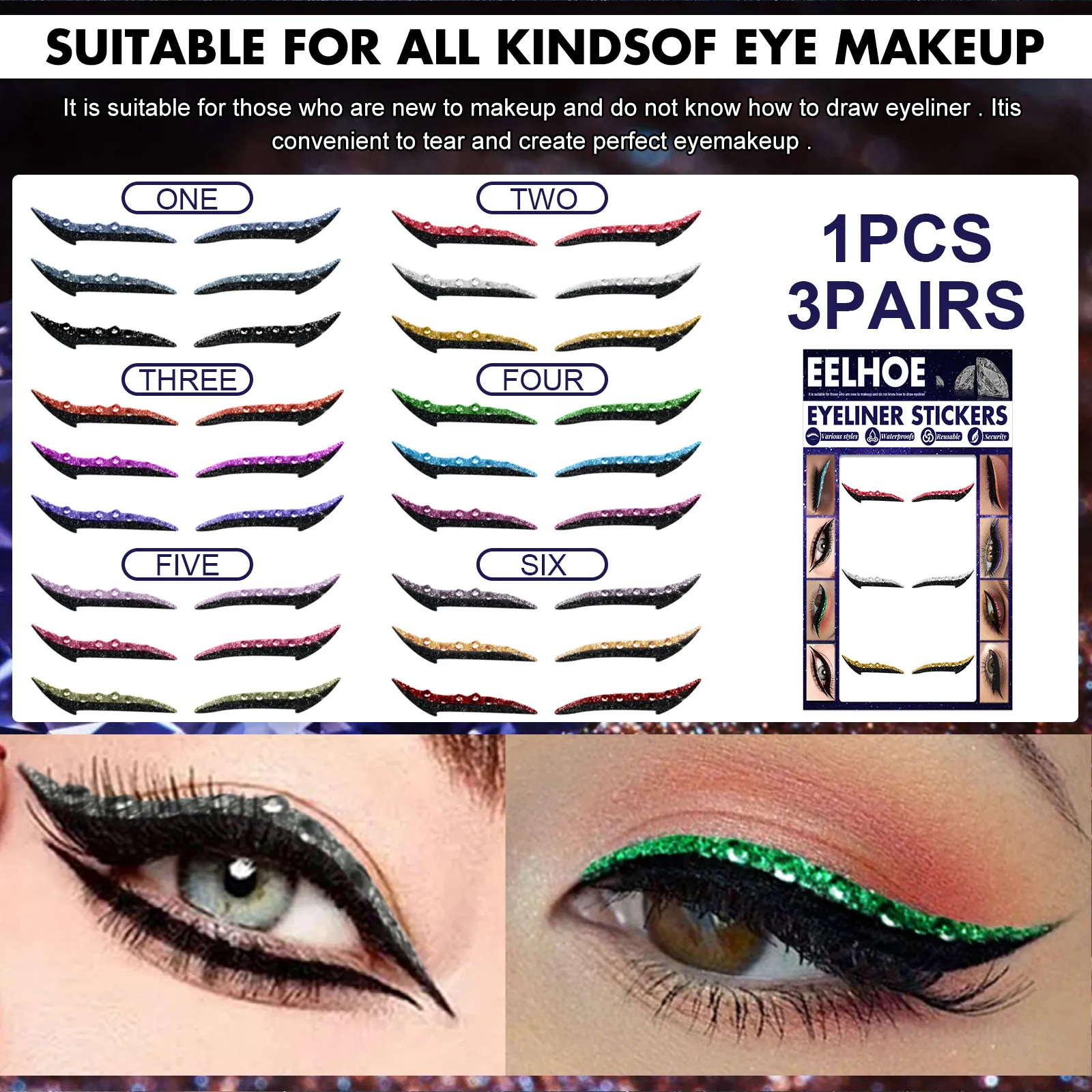 3 Pairs/set Waterproof Eyelid Line Stick Reusable Diamond Glitter Eyeliner Sticker Double Eye Makeup Self-adhesive Cosmetics
