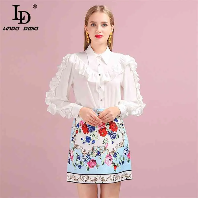 Letnie Kobiety Zestaw Runway Mody Designer Z Długim Rękawem Gorgeous Ruffles Bluzki + Drukowana Mini Spódnica Lady Garnitury 210522