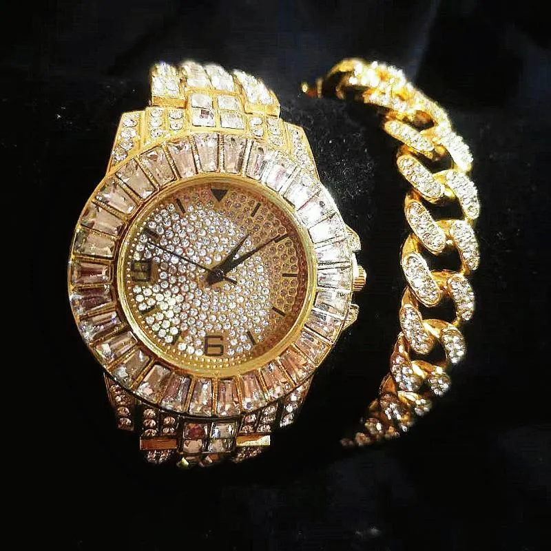 Lien, chaîne glacée bracelet cubain montre pour femmes hommes montres en or de luxe Hip Hop Bling hommes bijoux ensemble Pulseras Mujer