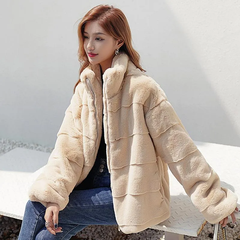 Kvinnors Fur Faux Korean Imitation Mink Coat Loose Tjock Lazy Lambswool Lamm Vinter Stand Collar Lady Warm Jackor
