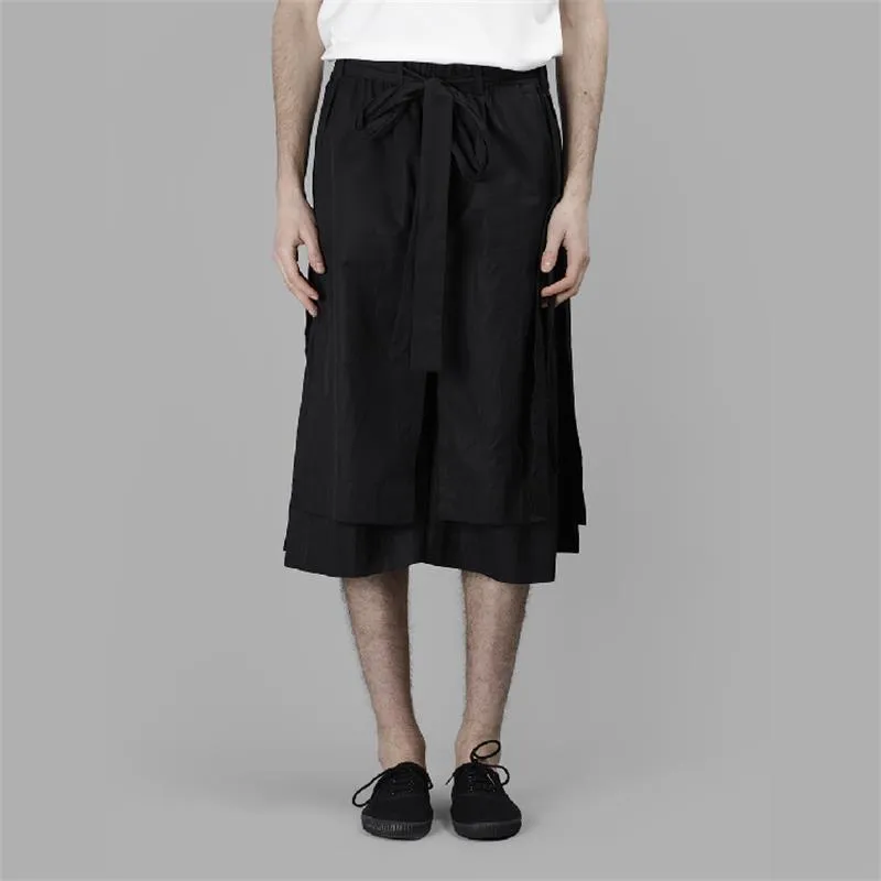 Shorts masculinos multi-camada streamer irregular nicho design saia hem japonês laço de sete pontos largamente calças de perna