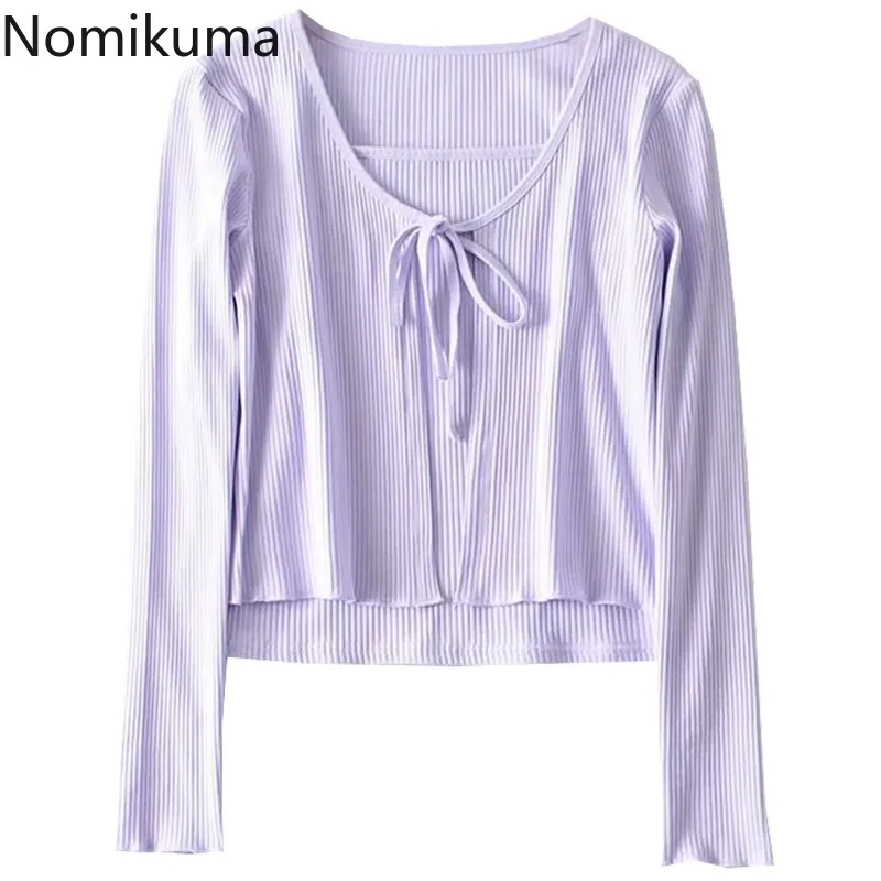 Nomikuma Koreaanse stijl vest vrouwen unicolor o nek lace up lange mouw knitwear tweedelige casual all-match tops ROPA MUJER 210514