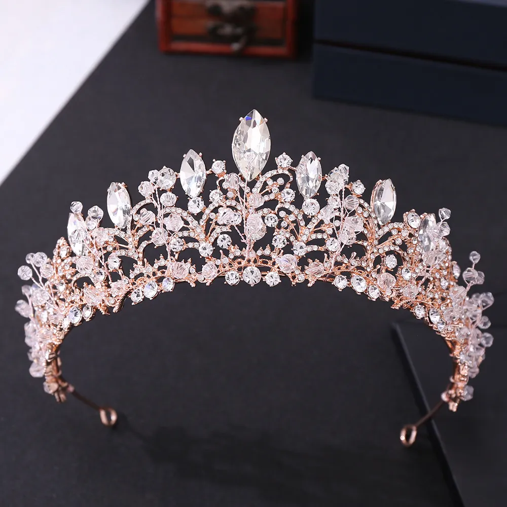 Headpiece Baroque Luxury Rose Gold Crystal Crown 2022 Bridal Bröllop Guld / Silver Tiara Rhinestone Pagant Diadem Sleeping Beauty Princess Quinceanera