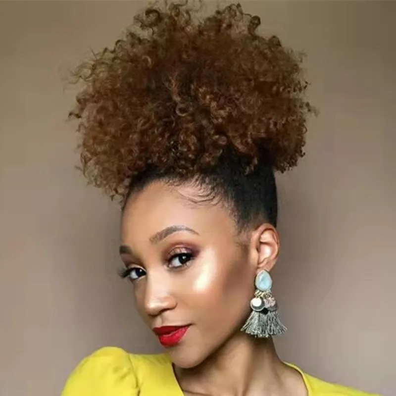 Afro Puff Drawstring Ponytail for Black Women Curly Hair Ponytails Extension, Dark Brown Bun Pony tail Clip on Human-Hair Extensions Remy 120g