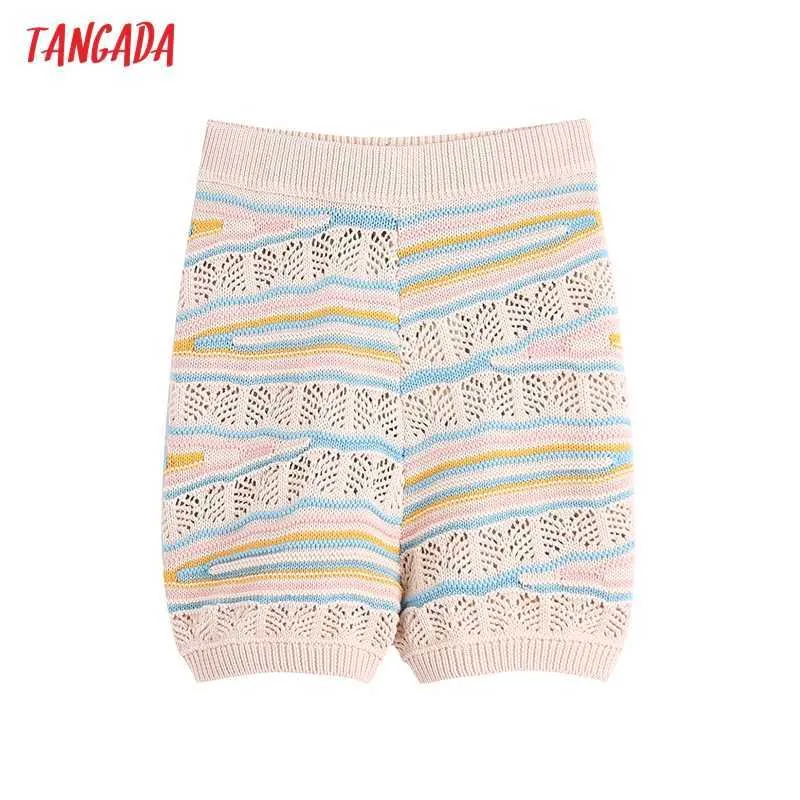 Tangada Kobiety Paski Hollow Out Summer Knit Spodenki Struszczące Talia Kobiet Retro Casual Shorts Pantalones Be710 210609