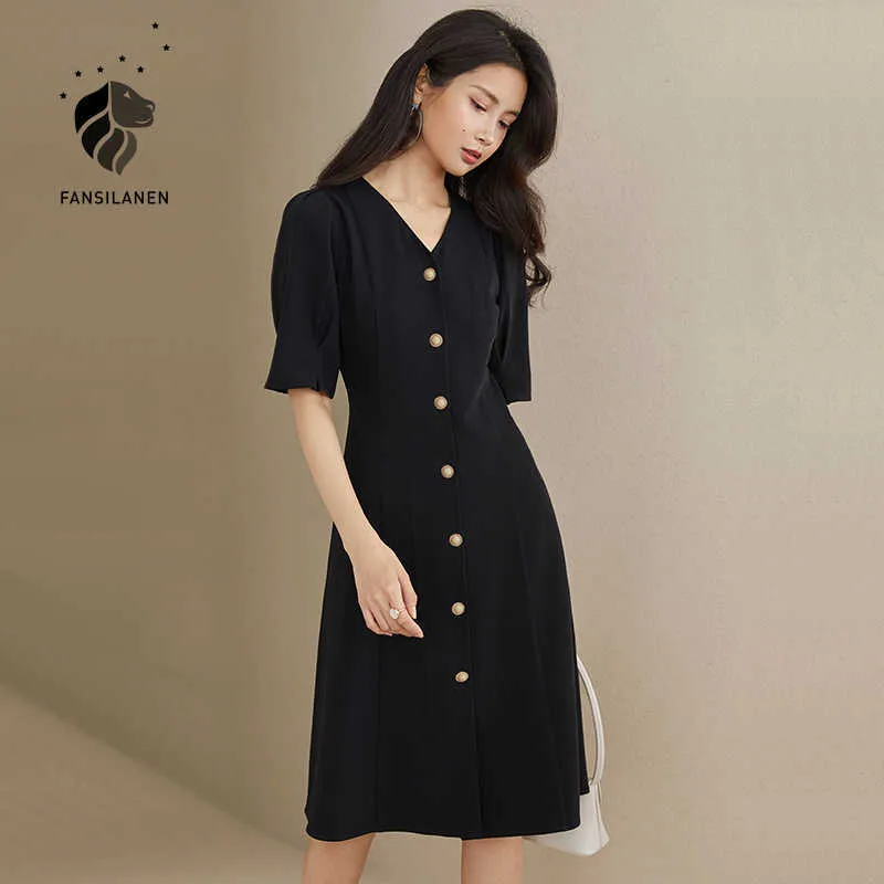 Fansilanen elegante V Neck Preto Escritório Dress Mulheres Manga Curta Slim Vintage Midi Verão Feminino Sexy Button Up Shirt 210607