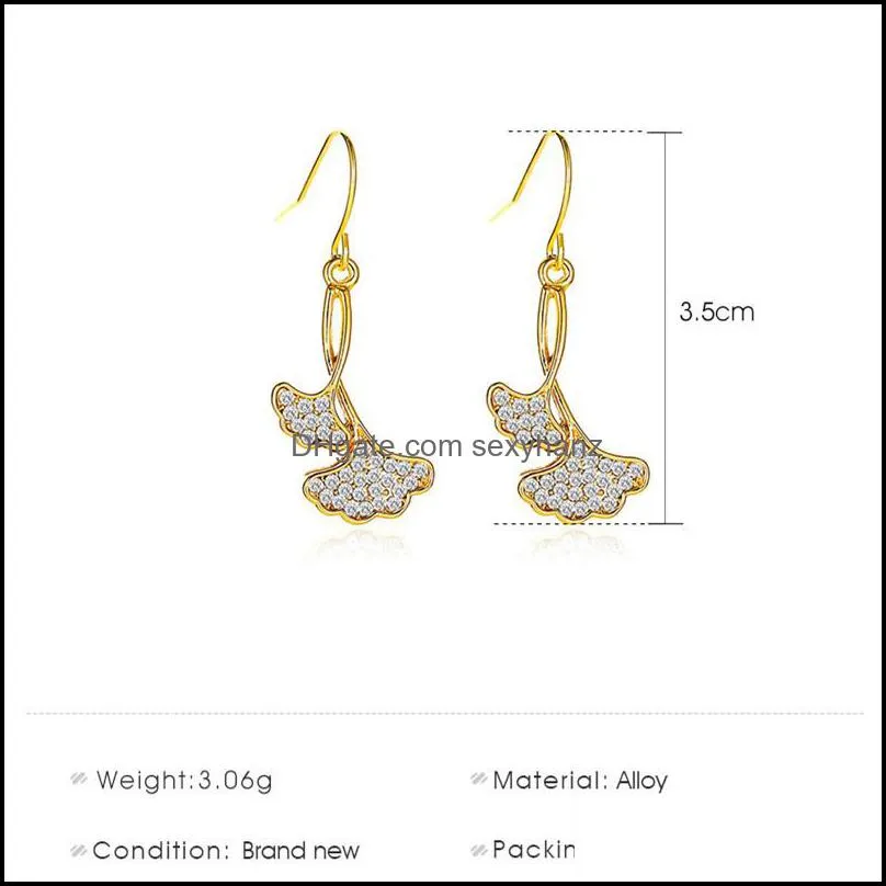 Double Ginkgo Leaves Earrings Stud With Diamond Alloy Long Earring Hook Women Business Party Gift Dinner Ear Drop Plant Jewelry Accessories