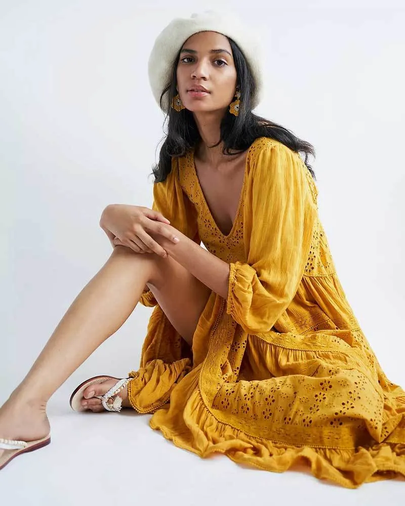 Yellow Organic Cotton Dress Mockingbird Maxi Dress with Eyelet Lace Tiers for Women - Perfect for Summer Beach Wear (210412)