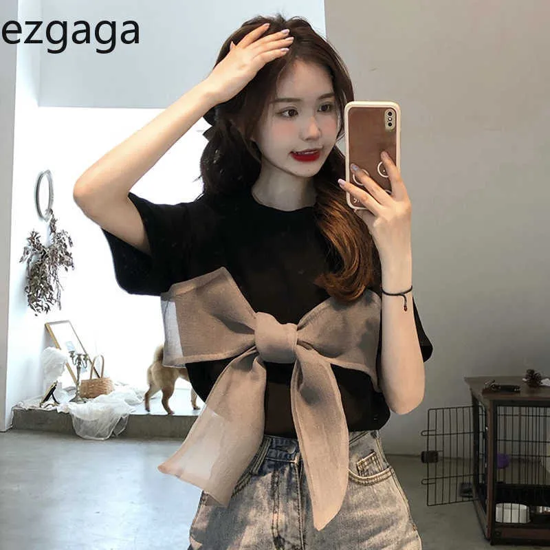 Ezgaga estate manica corta T-shirt da donna nastro fiocco coreano moda 2021 New Chic O-Neck Nero magliette allentate in bianco casual X0628