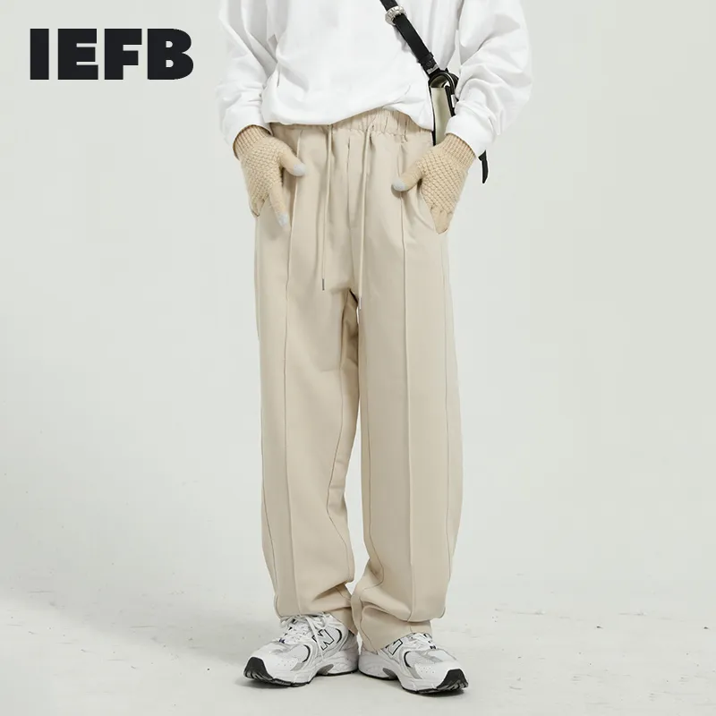 IEFB الرجال السراويل الربيع الكورية مستقيم تنوعا بسيط مرونة الخصر الرباط اللون الصلبة السراويل عارضة 9Y5409 210524