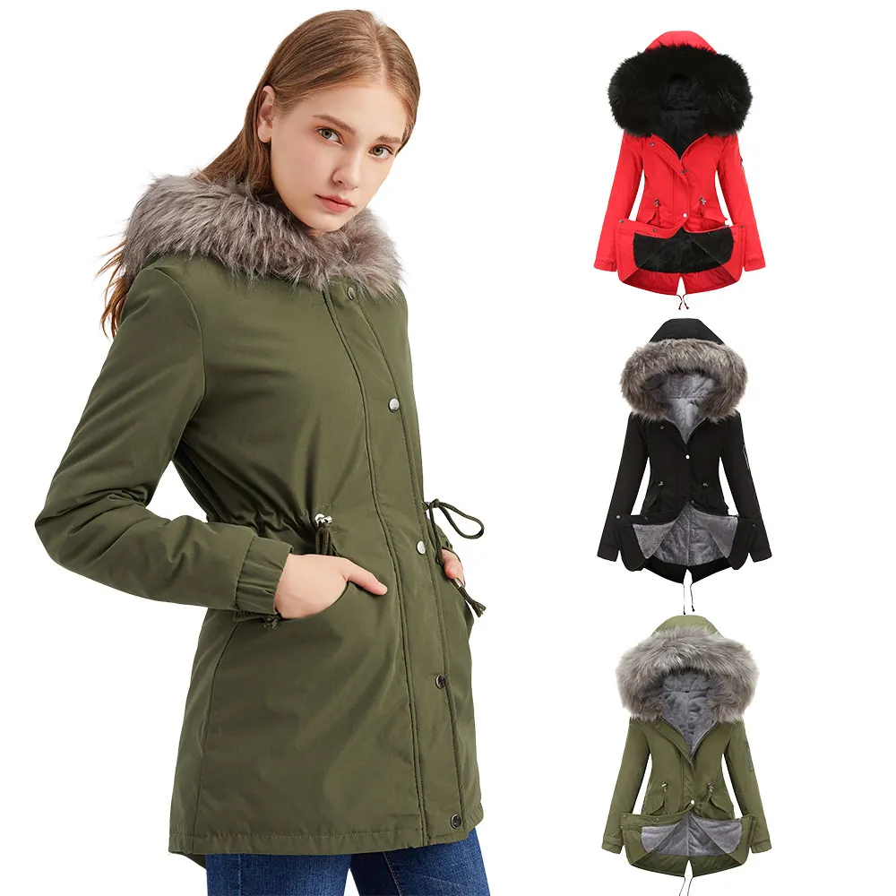 Plus Size Fur Collar Thick Padded Coat Women Winter Hooded Wool Liner Warm Jacket Female Drawstring Waist Medium Length Overcoat 210507