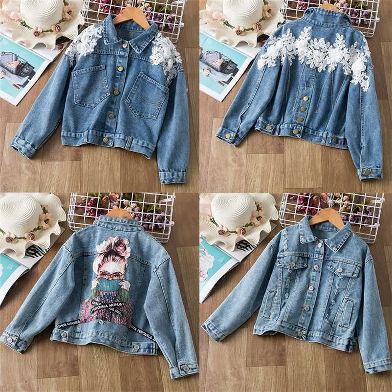 Mode meisje denim jas baby kleding tiener print jas uitloper grote kinderen cartoon cowboy s 211204