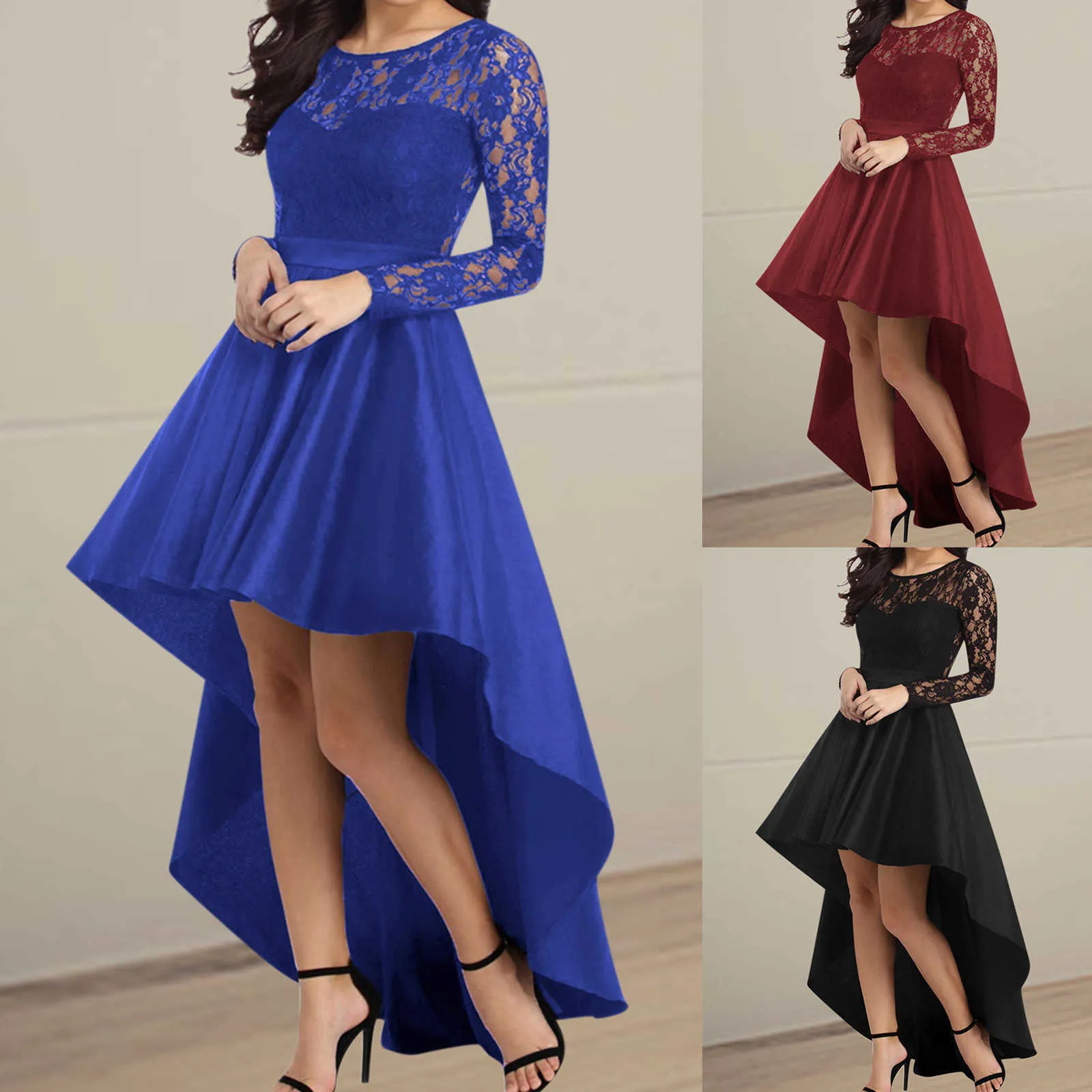 Moda Koronki Wysoka Niska Długa Dress Winter Damska Seksowna Nieregularna Swing Sukienka Kobiety Dorywczo Wieczór Prom Party Dress Vestido de Fest Y1006