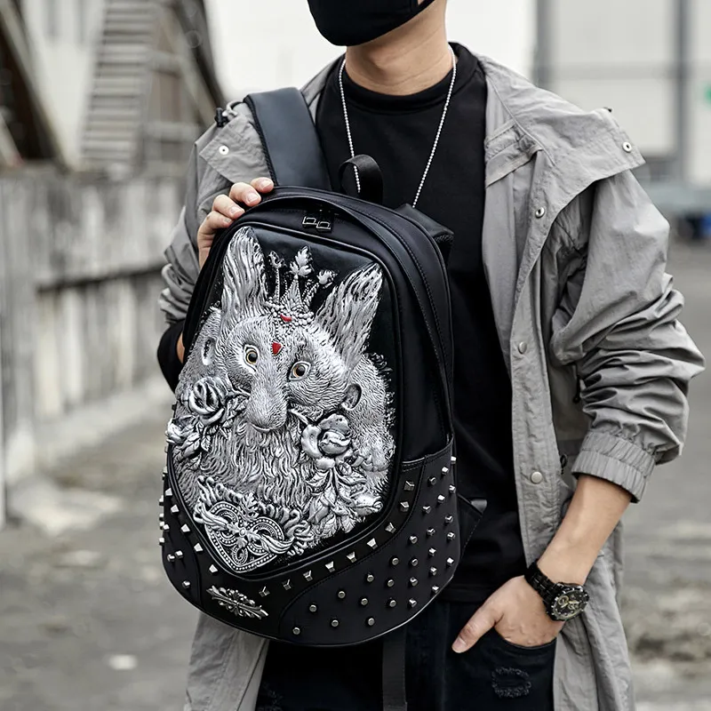 Punk punk sac à dos masculin mâle lion têtes sac à dos