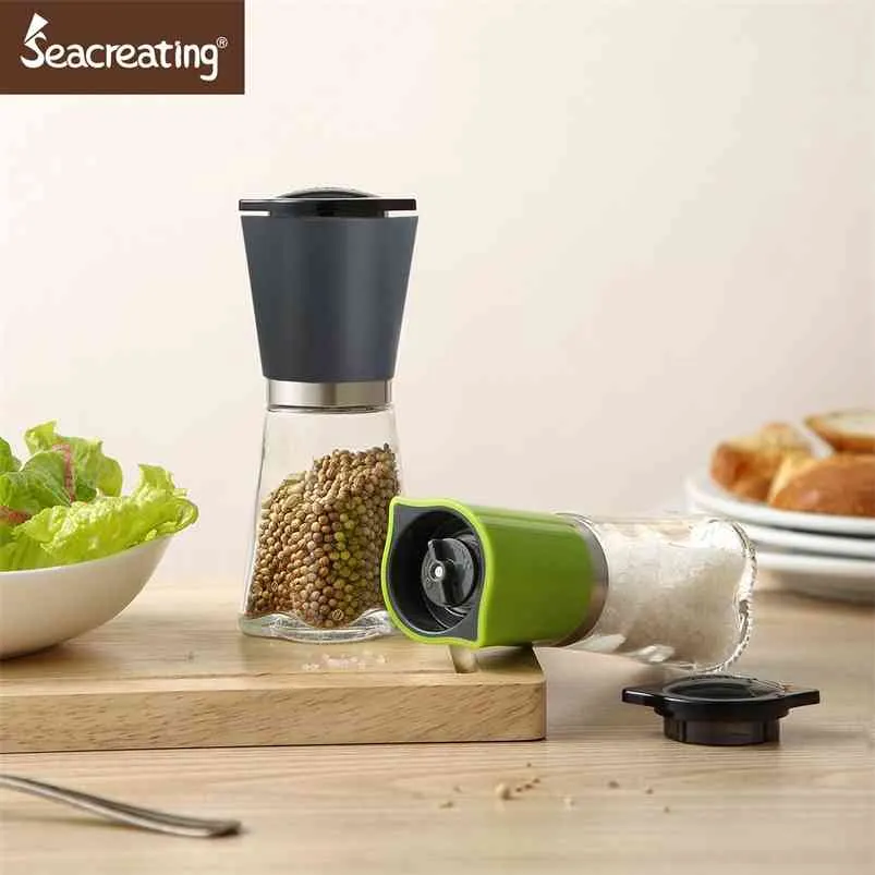 Seacreating 2PC SET 6 INCH Manual Pepper Mill Stainless Steel & Glass Salt and Grinder Kitchen Spice Tools 210611