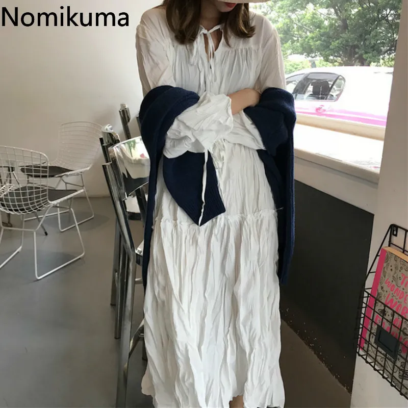 Nomikuma vestidos mujer o nek lace up lange mouw witte jurk vouwen ontwerp casual losse midden kalf jurken vintage mode 3C595 210514