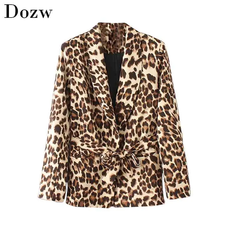 Moda Leopard Imprimir Terno Blazer Mulheres Curva Sashes Manga Longa Escritório Senhora Casaco Feminino Outwear Slim Fit Animal Jacket 210515