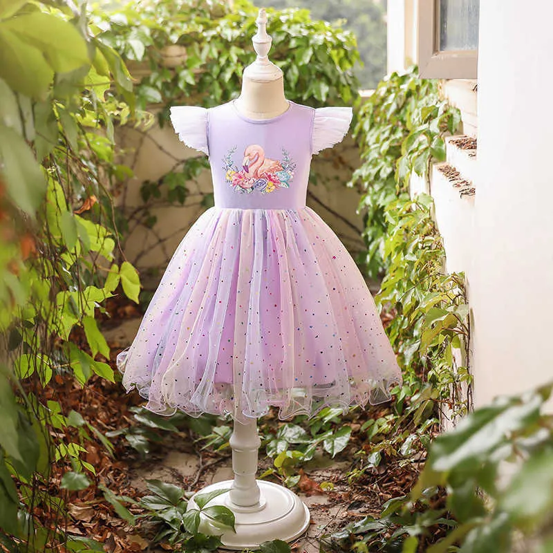 Criança vestidos de menina dos desenhos animados flamingo impressão tutu vestido crianças lantejoulas festa traje roupas 210529