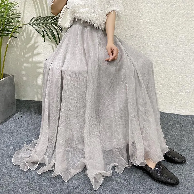 Skirts Summer Fall Boho Chiffon Big Hem Long Beach Skirt Sunproof Elegant Vintage Floor Length Femme Elastic High Waist