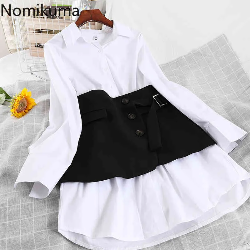 Nomikuma twee stukken vrouwen jurk sets lange mouwen causale blouse jurken + knoppen riem slanke taille rok Koreaanse elegante pak 6E126 210427