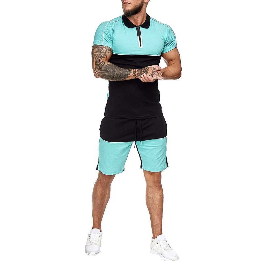 Мужские наборы в полоску цветные столкновения с коротким рукавом шорты спортивные тонкие наборы летние домашние трексуиты мужчины футболка спортивный набор спортивные 2021 x0610