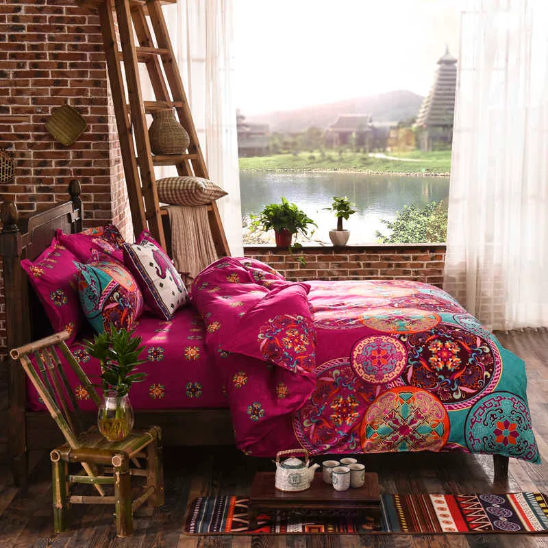 Яркая розовая постельное белье Mandala установить обратимый цвет дизайн Boho одеяло простыня и наволочка красивый подарок домой свадьба 210615