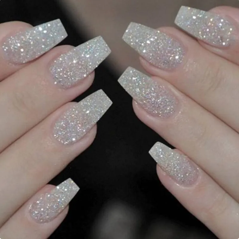 Pale Grey Sequence Rhinestones Long Ballerina Press-on Nail Tips Sparkle  Luxury 