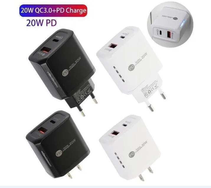 Chargeur mural rapide 20W PD USB LED TYPE-C charge EU US Plug QC 3.0 adaptateur pour smartphone Samsung Huawei avec boîte de vente au détail