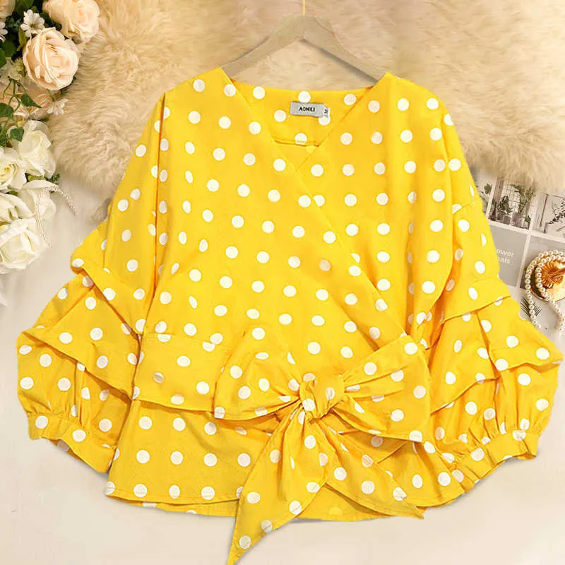 Plus Size Design Jaune Coton Blanc À Pois Blouse Rétro Tops D'été 3/4 Manches Bouffantes Papillon S XL 3XL Col En V 210527