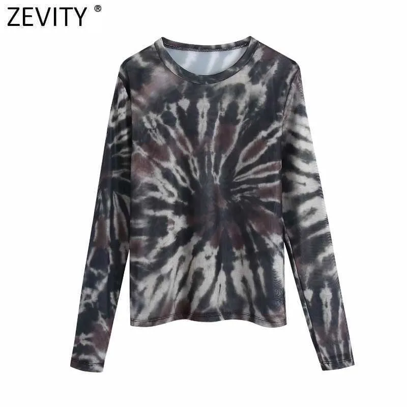 Zevity Frauen Chic Tie Dye Druck Transparent Mesh T Shirt Damen Langarm Tinte Malerei Casual Slim Freizeit Tops LS7392 210603