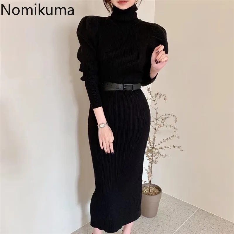 Nomikuma Turtleneck 스웨터 드레스 여성 솔리드 컬러 긴 소매 가을 슬림 허리 바디 콘 드레스 여성 Vestidos 3D716 210514